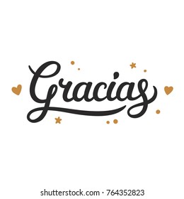 Gracias lettering, Thank you in Spanish. Cursive handwritten word with hand drawn doodle elements, thank you note vector illustration.