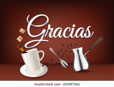 "Gracias" paper hand lettering calligraphy. Vector illustration with coffee objects and text.