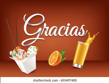 "Gracias" paper hand lettering calligraphy. Vector illustration with food, drink objects and text.