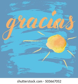 "Gracias" - Spanish thanks, brush lettering. Postcard with sun.