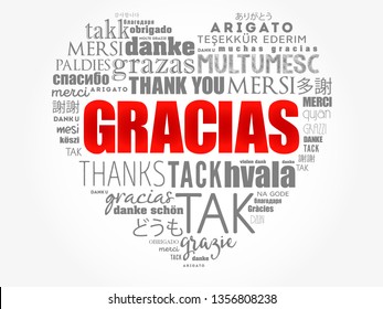 Gracias (Thank You in Spanish) love heart Word Cloud in different languages of the world