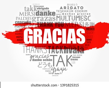 Gracias (Thank You in Spanish) love heart Word Cloud in different languages of the world