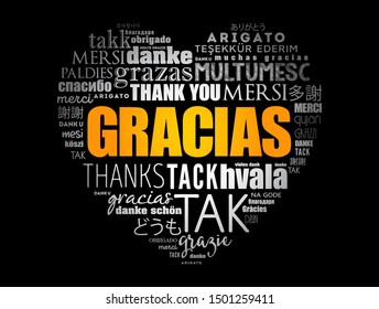 Gracias (Thank You in Spanish) love heart Word Cloud in different languages of the world
