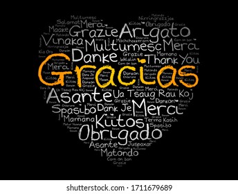 Gracias (Thank You in Spanish) love heart Word Cloud in different languages of the world