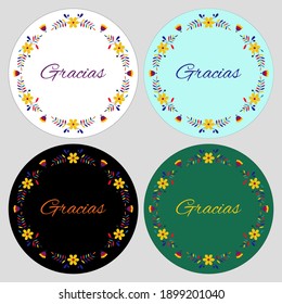 Gracias, Thank you in Spanish. Round design. Ethnic floral style. Template for stickers, icon, greeting card, party invitation, baby shower.