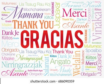 Gracias (Thank You in Spanish) Word Cloud background, all languages, multilingual for education or thanksgiving day