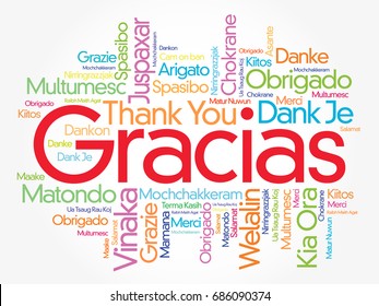 Gracias (Thank You in Spanish) Word Cloud background, all languages, multilingual for education or thanksgiving day