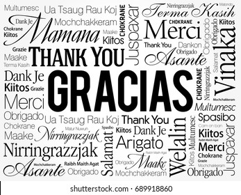 Gracias (Thank You in Spanish) Word Cloud background, all languages, multilingual for education or thanksgiving day