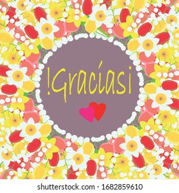 Gracias typography banneron. Thanks in spanish. Lily of the valley, tulip, daffodil in jar background. 