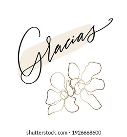 Gracias, which means Thanks in Spanish, modern elegant card design with abstract gold flower. Thank you note for buyer or customer for business promotion.