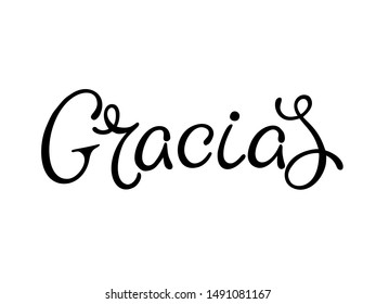 Gracias - word thank you on Spanish. Handwritten lettering. Vector illustration isolated on white. Unique quote for banner, posters, postcard, prints. 