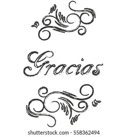 Gracios postcard. Hand drawn greeting card. Ink illustration. Modern brush calligraphy. Thank you in Spanish.