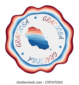 Graciosa badge featuring a map of the island with beautiful geometric waves and a vibrant red and blue frame. Vivid round Graciosa logo. Vector illustration.