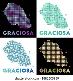 Mapa de Graciosa. Colección del mapa de Graciosa en estilo punteado. Las fronteras de la isla están llenas de rectángulos para tu diseño. Ilustración vectorial.