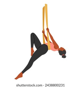 Personaje De Mujer Gentil Suspendido En Una Hamaca De Seda, Entrelazando Fuerza Y Flexibilidad En Poses De Yoga Aéreo Fascinantes, Creando Una Danza Armoniosa Con La Tela. Ilustración vectorial de dibujos animados