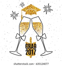 Grad 2017 greeting card with glasses of champagne, golden hat, bell and fireworks for invitation, banner, poster, postcard. Vector background