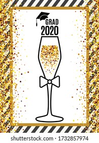 Grad 2020 class of with glass of champagne and tie, hat on striped background and scattered gold confetti for greeting card, invitation, banner, poster, postcard. All isolated and layered