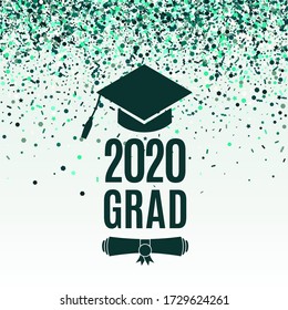 Grad 2020 class of greeting card with scroll, hat on greenery background with falling emerald confetti for invitation, banner, poster, postcard. Vector illustration. All isolated and layered