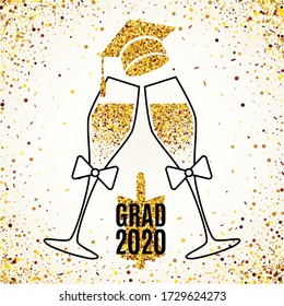 Grad 2020 greeting card with two glasses of champagne, hat, bell, scattered golden confetti for invitation, web banner, poster, postcard. Vector illustration template. All isolated and layered