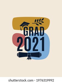 Grad 2021 greeting card with hat, laurel, abstract shapes on background in earth color for the invitation, banner, poster, postcard. Vector graduation template. All isolated and layered