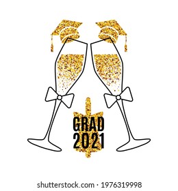 Grad 2021 invitation card with two glasses of champagne, golden confetti hats, bell for card, web banner, poster, postcard. Vector illustration template. All isolated and layered