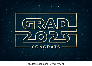 Grad 2023 Future Space Style Glossy Gold Logo and Congrats Lettering Graduation Concept - Golden on Blue Night Sky Illusion Background - Vector Mixed Graphic Design