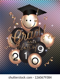 GRAD BALL PARTY with air balloons, gold serpentine and graduation cap. Vector illustration