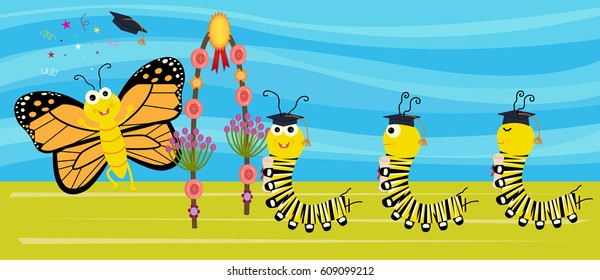Grad Caterpillar - Cute caterpillars with graduation hats and diplomas are transitioning into a butterfly. Eps10