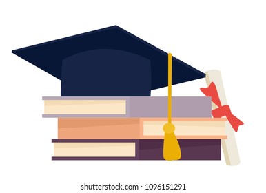 Grad hat and diploma with books isolated on white background. Vector cartoon flat design illustration