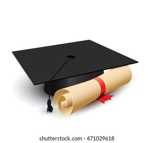 Grad hat and diploma isolated on white