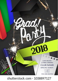Grad party 2018  banner with chalk board, sparklers and stationery. Vector illustration
