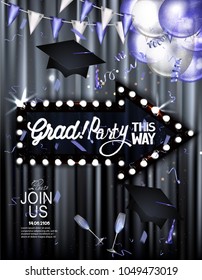 GRAD PARTY BANNER WITH THEATER CURTAINS AND VINTAGE ARROW SHAPED LIGHT FRAME . VECTOR ILLUSTRATION