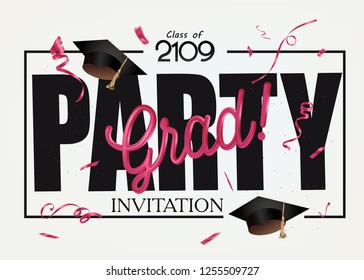 Grad party invitation card with graduation caps and red confetti. Vector illustration