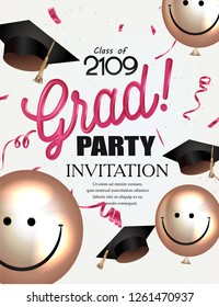 Grad party invitation card with smiling air balloons and graduation caps