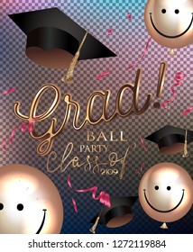 Grad party invitation card with smiling air balloons, confetti and graduation caps