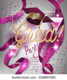 Grad party invitation  card with sparkling ribbons, glasses of cocktail and graduation cap. Vector illustration