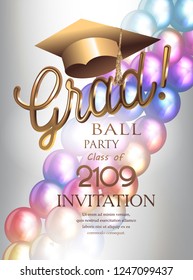 Grad party invitation cards with air balloons and graduation cap. Vector illustration