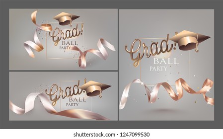 Grad party invitation cards with levitating ribbons and graduation caps. Vector illustration