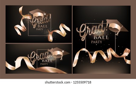 Grad party invitation cards  with ribbons. Vector illustration