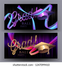 Grad party poster with graduation cap and colorful ribbons. Vector illustration