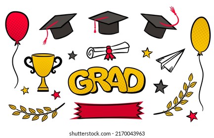 Grad. Set of comic hand drawn graduation elements. Isolated doodle icons. Bachelor cap, scroll, balloons, laurel. School Vector illustration for posters, cards, banners. 