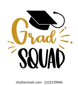 Grad Squad. Icono de tapón y presupuesto para la fiesta de graduación, tarjeta de invitación, banner. Universidad, escuela, academia símbolo vector con sombrero negro