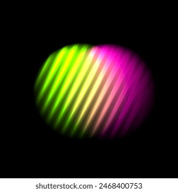 Gradation color shape ribbed glass effect. Neon blur fluid sphere on black background. Holographic iridescent graphic element. Stripes colorful pattern. Vector illustration