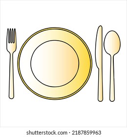 gradation of eating utensils, namely plates, spoons, forks, and knives that are yellow