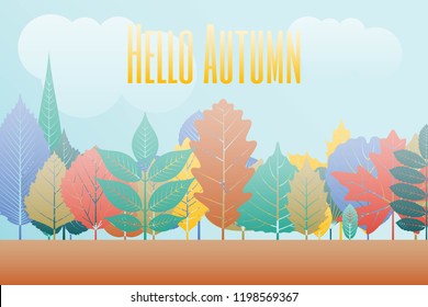 Gradation landscape fantasy background. Fall trees and leaves. Autumn forest template. Vector illustration.
