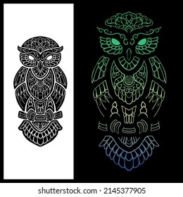 Gradation of Owl bird zentangle arts. isolated on black and white background