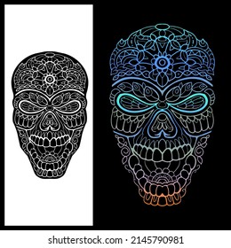 Gradation of skull head zentangle arts. isolated on black and white background