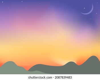 The gradation of the sky, the fading crescent moon, and the silhouette of the mountains as the sun begins to rise