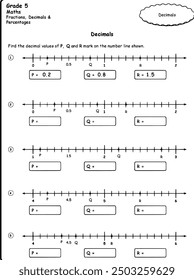 Grade 5 math worksheet featuring decimals, fractions, and percentages. Includes number lines with decimal values to identify points P, Q, R. Ideal for educational resources, teaching materials