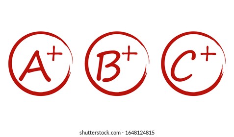 Grade A, B, C result vector icon template. Education red mark handwriting in circle